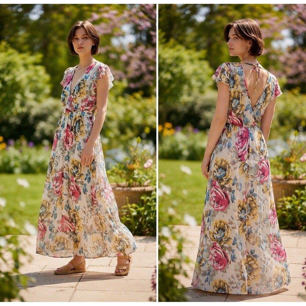 Romantic Cottagecore Floral Maxi Dress Band of Gypsies XS  Flutter Sleeve Boho